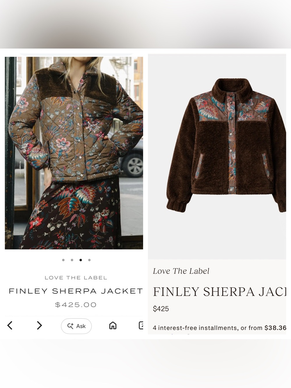 Love The Label Finley Sherpa Jacket Reversible Charlotte Floral Brown S Small - Picture 9 of 10